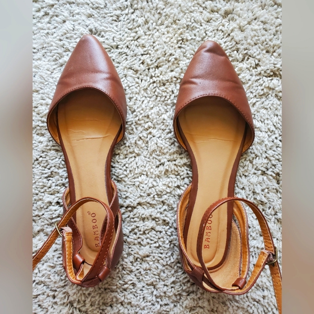 Bamboo brown ankle-wrap flats